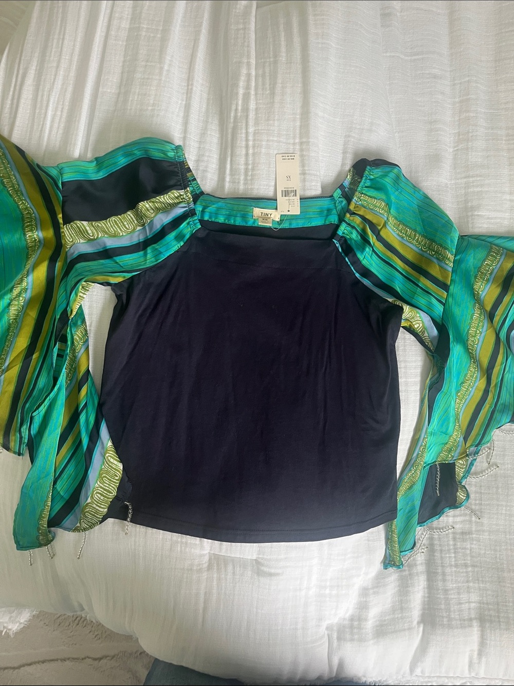 TINY Black Top with Emerald Green Sheer Striped Sleeves